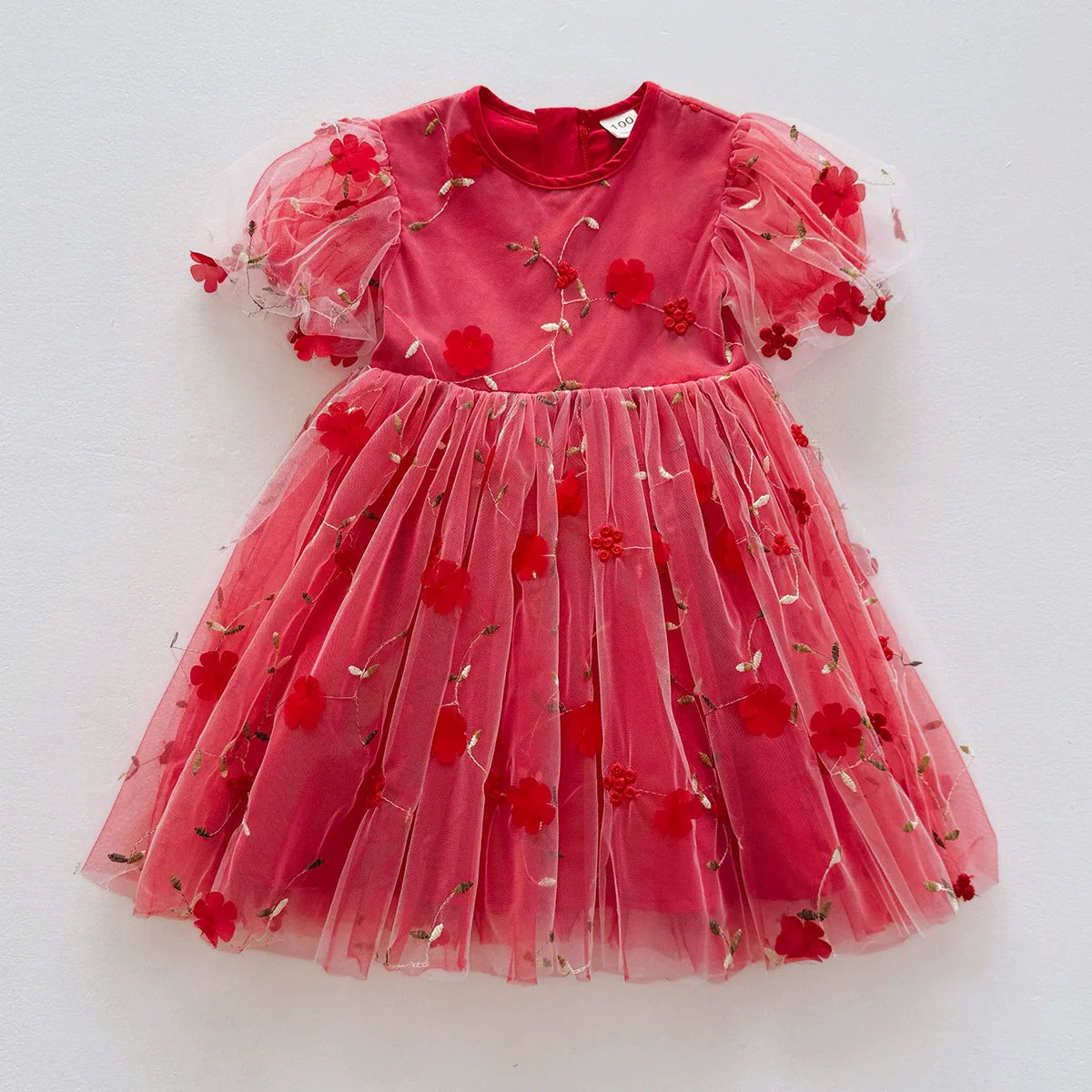 Vestido de tul de manga corta con estampado floral de verano para niñas elegantes