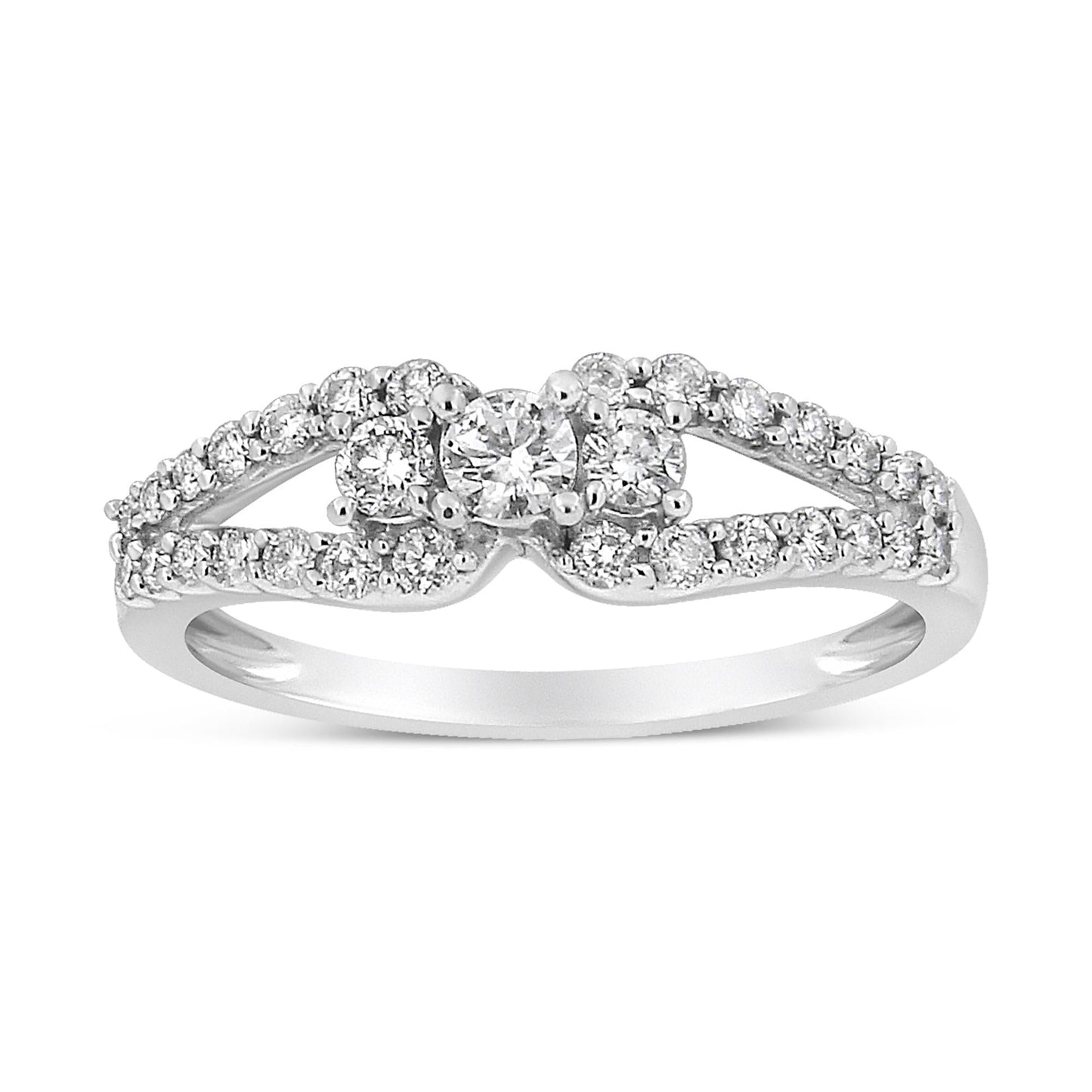 Anillo de oro blanco de 10K con diamante talla redonda de 1/2 quilate de tres piedras con banda de brazo dividido (color H-I, claridad SI1-SI2)