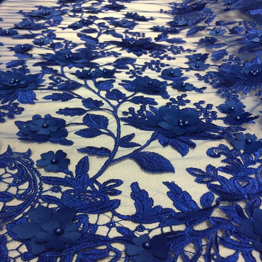 Tela de encaje floral de satén bordado 3D con perlas