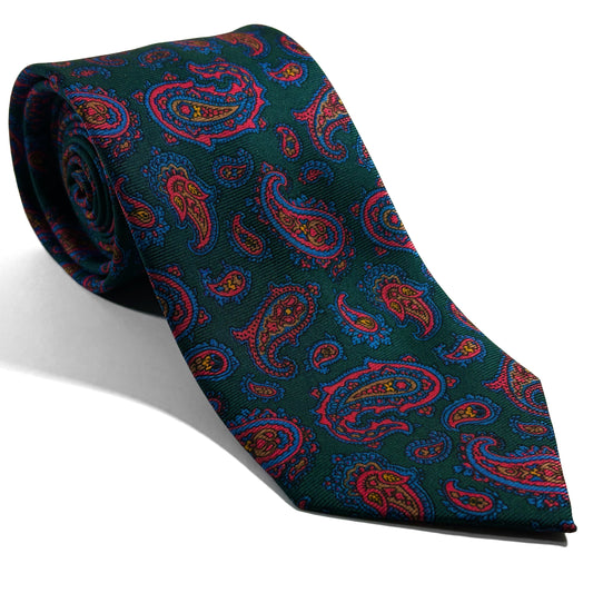 Corbata de seda Paisley verde bosque estampada a mano