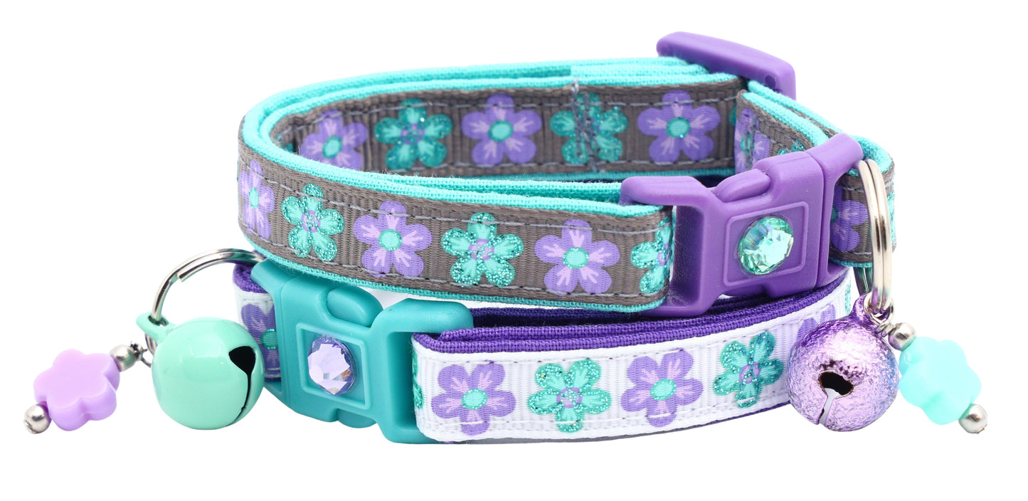 Aqua and Purple Daisy Breakaway Cat Collar
