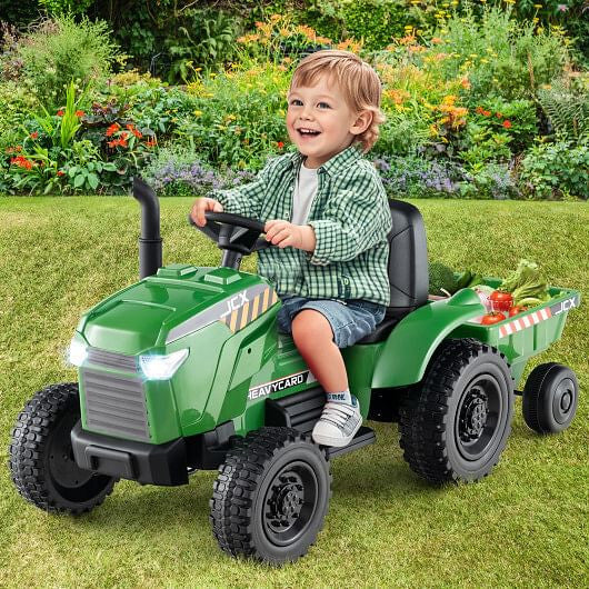 Tractor Montable Eléctrico 2 en 1 de 12V para Niños con Remolque y 3 Velocidades - Verde Grisáceo