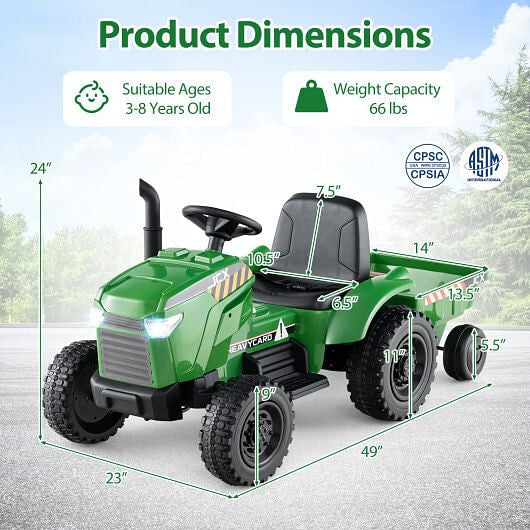 Tractor Montable Eléctrico 2 en 1 de 12V para Niños con Remolque y 3 Velocidades - Verde Grisáceo
