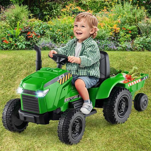 Tractor Montable Eléctrico 2 en 1 de 12V para Niños con Remolque y 3 Velocidades - Verde Grisáceo