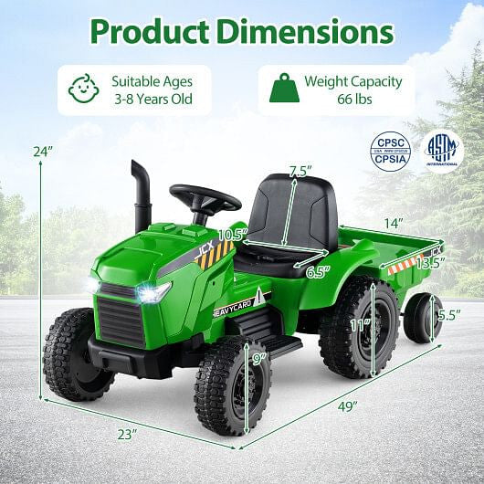Tractor Montable Eléctrico 2 en 1 de 12V para Niños con Remolque y 3 Velocidades - Verde Grisáceo
