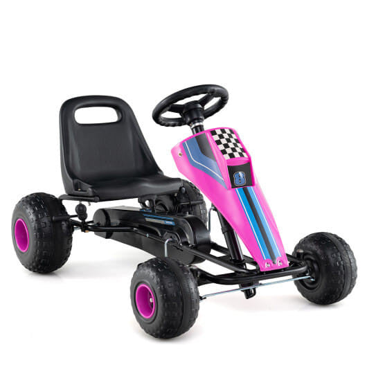 Go-kart de pedales de 4 ruedas para niños con volante y freno de mano seguro, color blanco