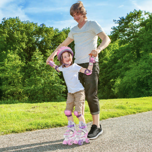 Kids Roller Skates 4 Sizes Adjustable Quad Skates with Light-up Wheels and Safety Protection-Rose R