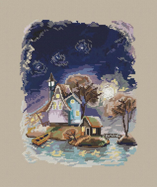 Casas en las islas. Noche - Patrón de punto de cruz en PDF