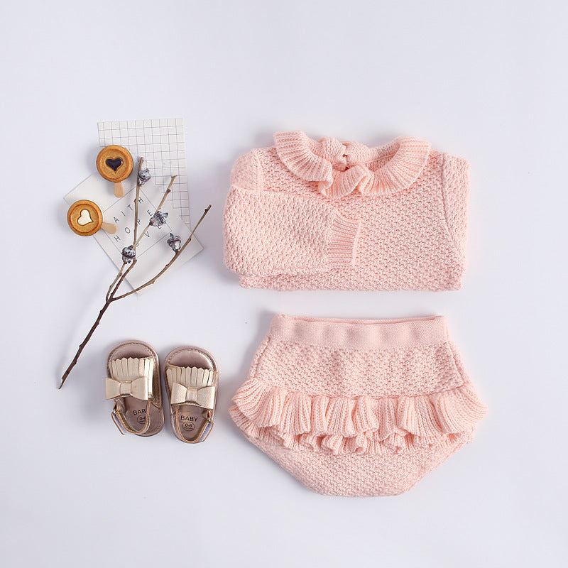 Baby Girl Ruffle Neck Solid Shirts And Belted Triangle Shorts Fall Winter Knit Sets