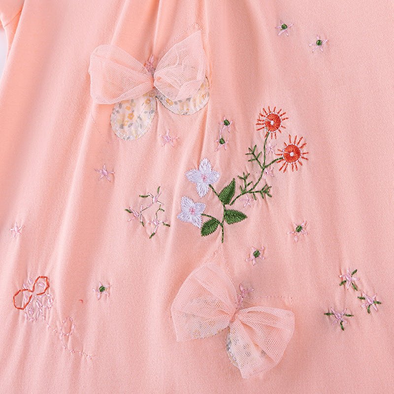 Summer Arrival Flowers Embroidery Pattern Short Sleeves Dress for Stylish Girls