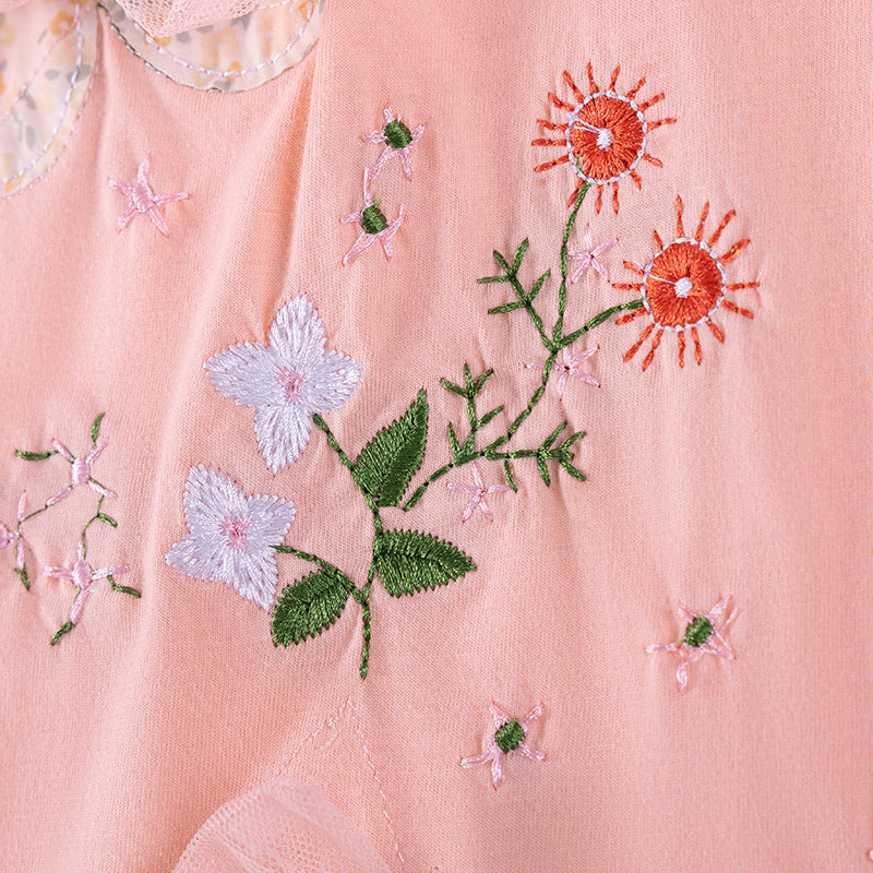 Summer Arrival Flowers Embroidery Pattern Short Sleeves Dress for Stylish Girls