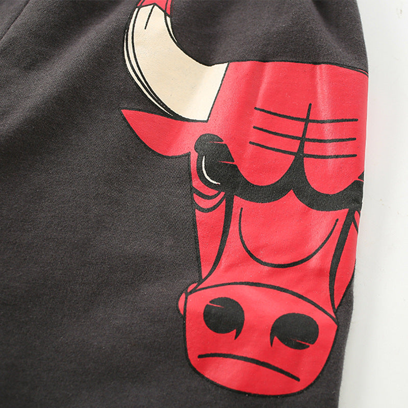 Hot Selling High Quality Boys’ Grey Soft Cotton Fierce Bull Pattern Summer Shorts
