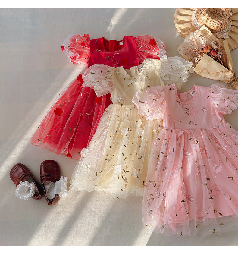 Summer Arrival Flowers Pattern Short Sleeves Tulle Dress for Stylish Girls