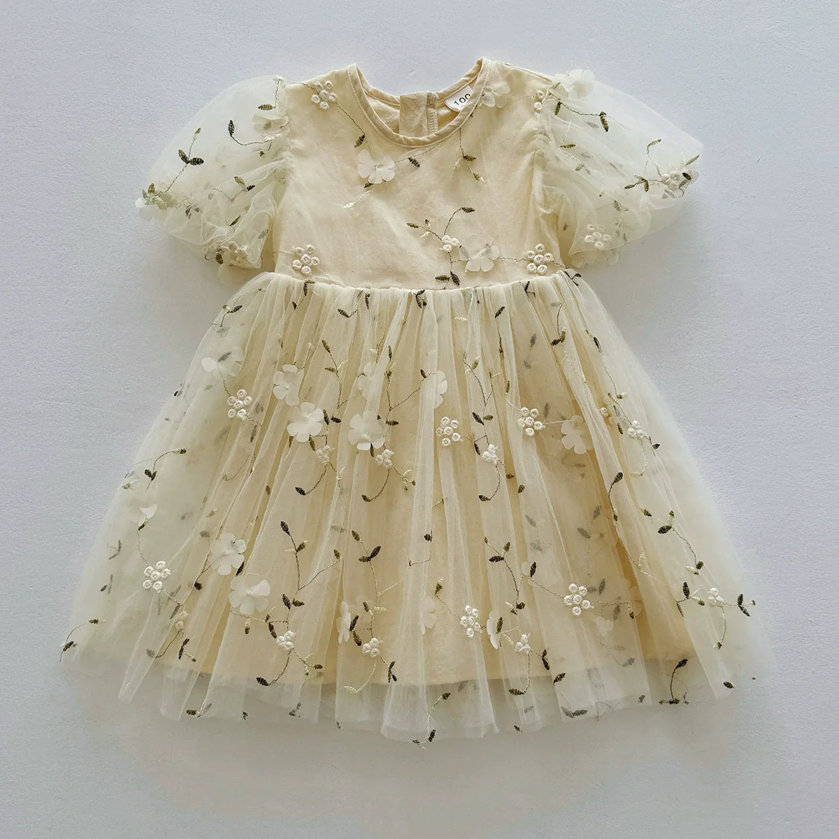 Summer Arrival Flowers Pattern Short Sleeves Tulle Dress for Stylish Girls