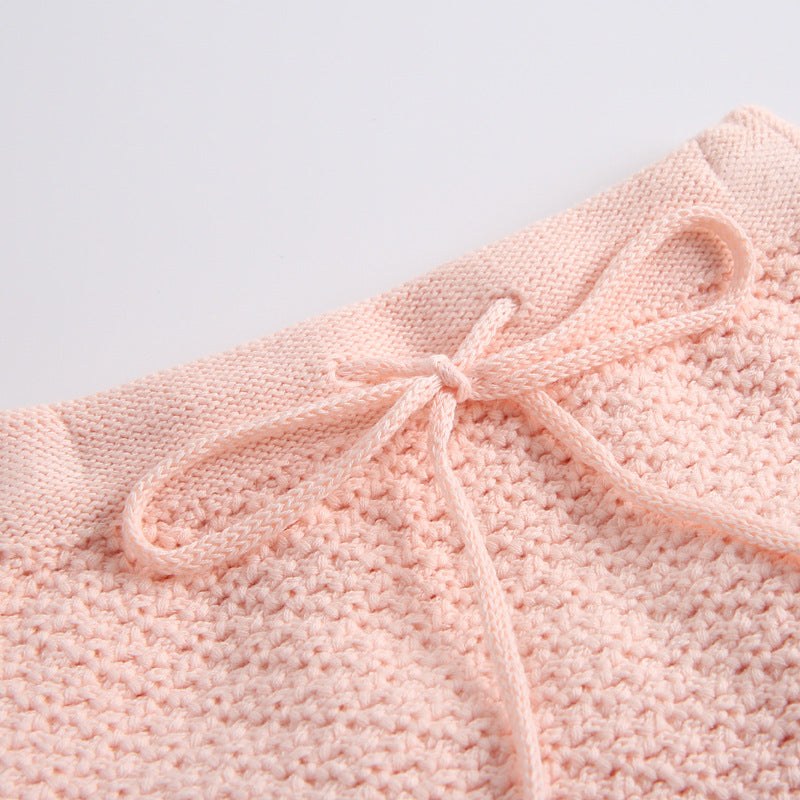 Baby Girl Ruffle Neck Solid Shirts And Belted Triangle Shorts Fall Winter Knit Sets