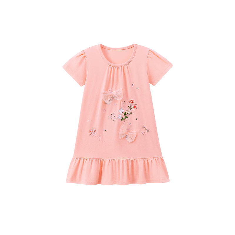 Summer Arrival Flowers Embroidery Pattern Short Sleeves Dress for Stylish Girls