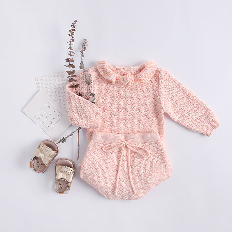 Baby Girl Ruffle Neck Solid Shirts And Belted Triangle Shorts Fall Winter Knit Sets