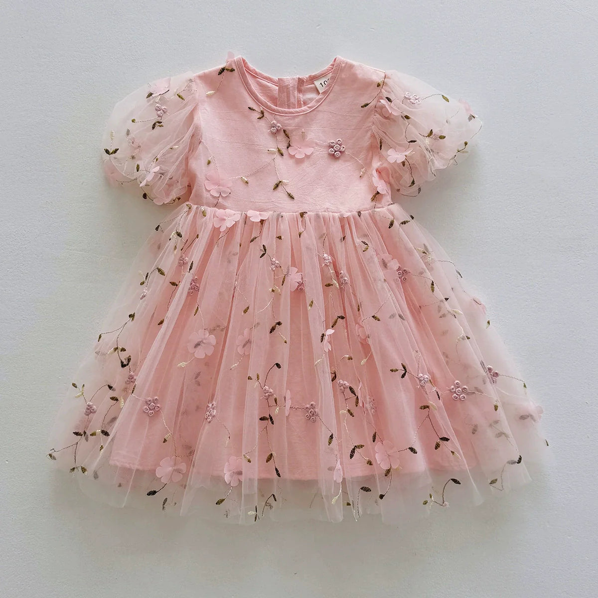 Summer Arrival Flowers Pattern Short Sleeves Tulle Dress for Stylish Girls