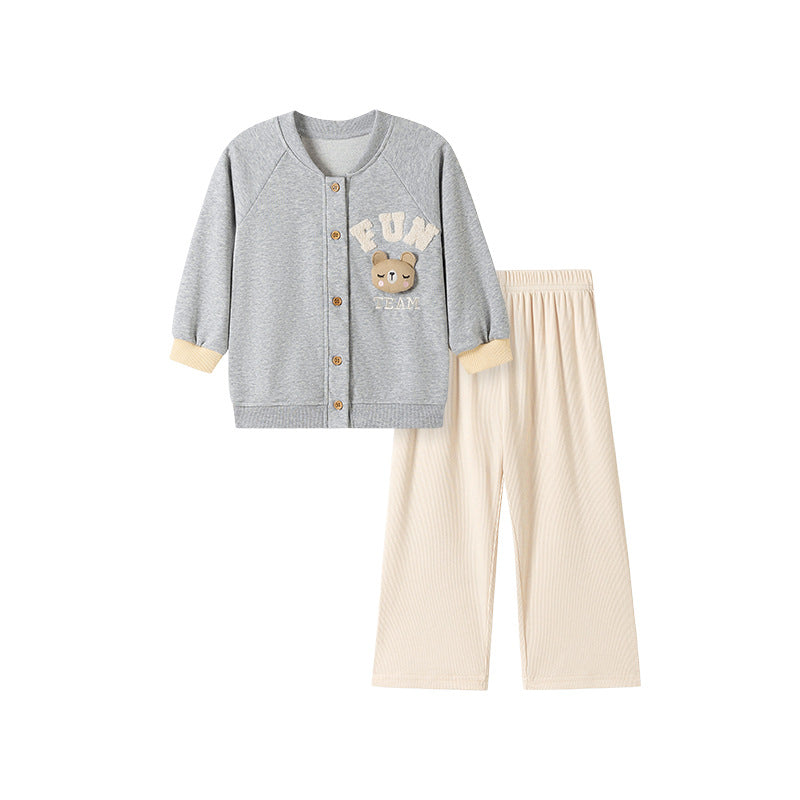 Spring and Autumn Girls Animals Cartoon Pattern Long Sleeves Coat and Beige Pants Clothing Set