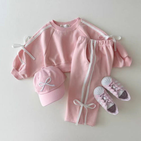 Conjunto de ropa de otoño para bebés y niñas: Sudadera con lazo y pantalones