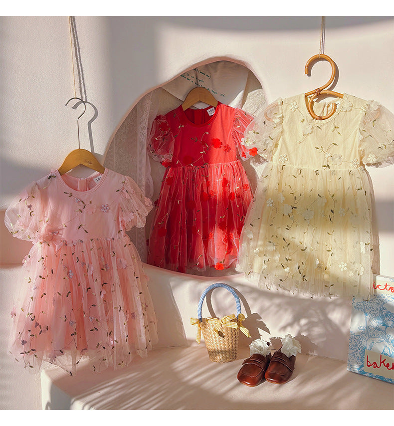 Summer Arrival Flowers Pattern Short Sleeves Tulle Dress for Stylish Girls