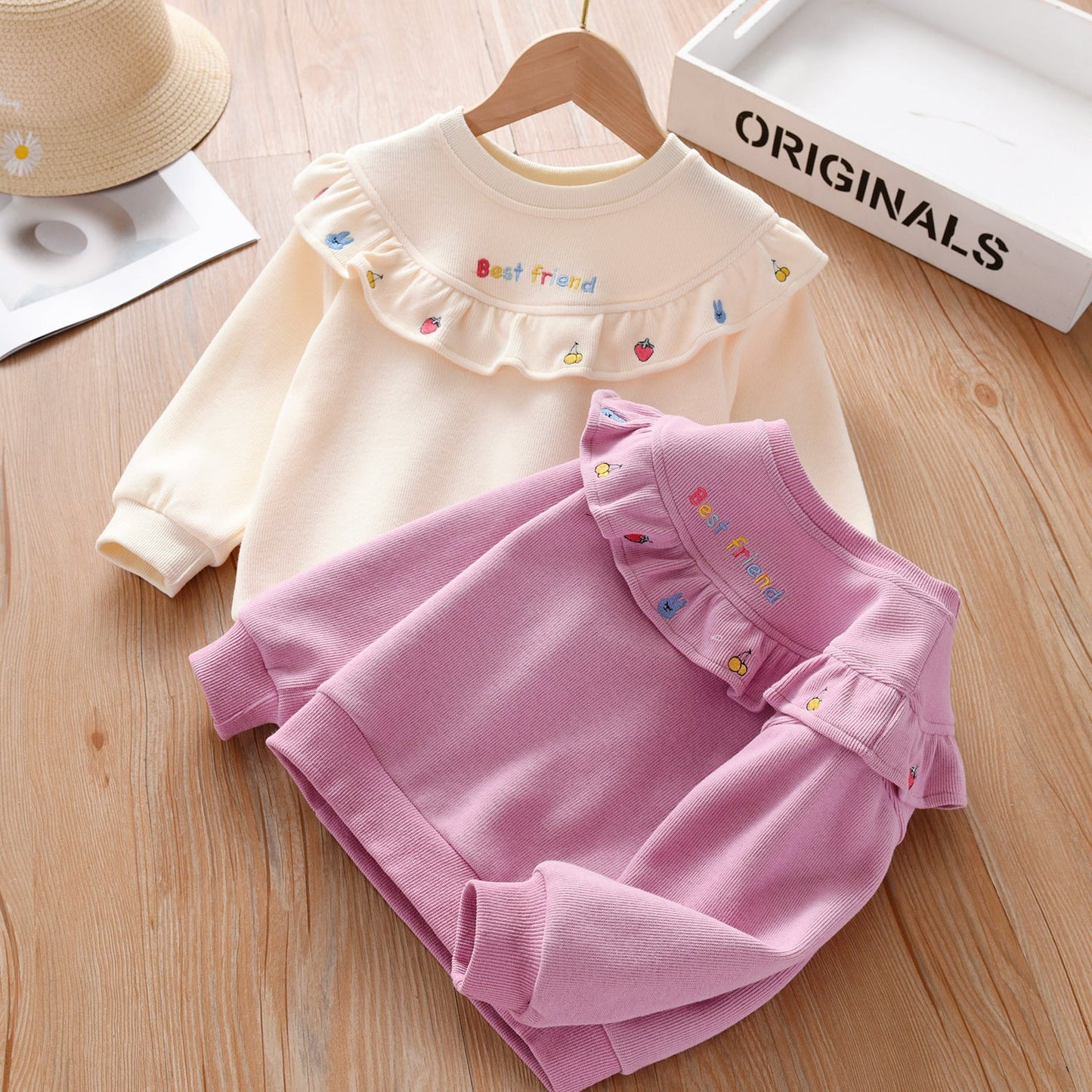 Baby Girl Fruit Embroidered Graphic Ruffle Design Corduroy Fabric Pullover Cute Hoodies